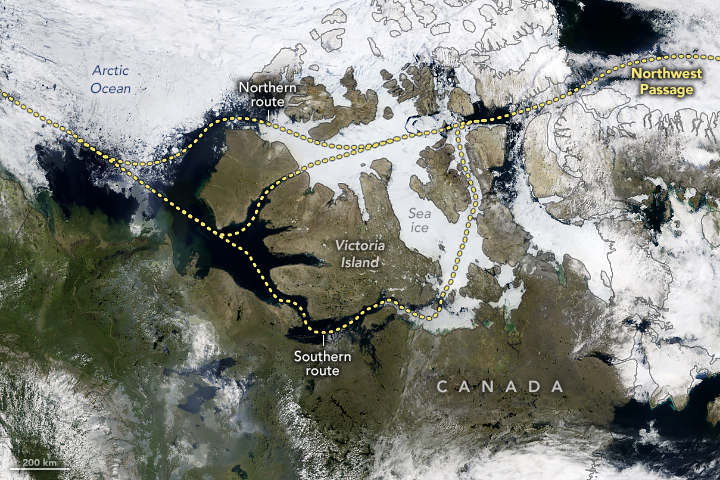 The image highlights various shipping paths through water channels in northern Canada, which are mostly full of Sea ice, and all paths are at least partially blocked by Sea ice.