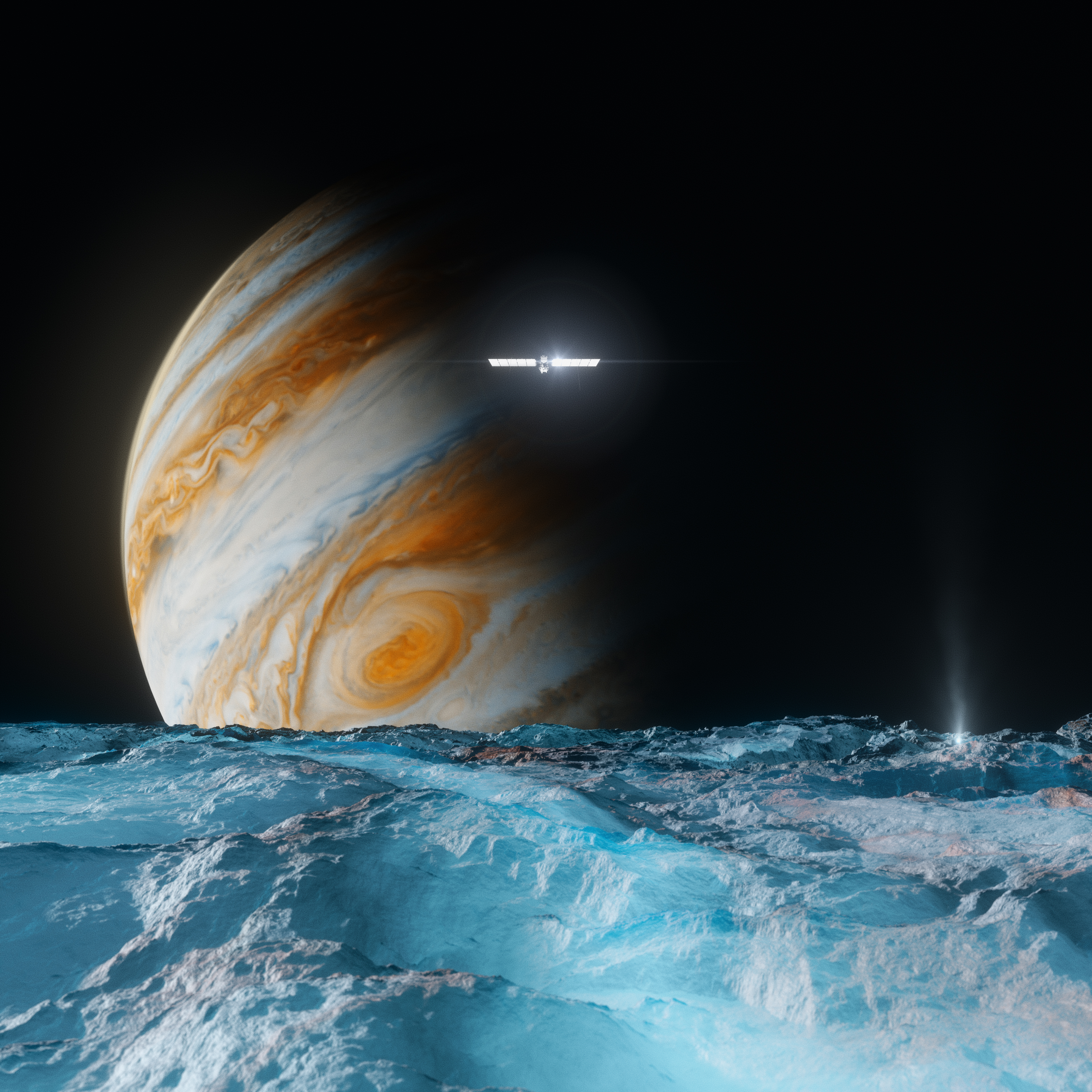 Illustration of the surface of Europa - shown as icy blue - with Jupiter behind it, and the Europa Clipper spacecraft in front of Jupiter.