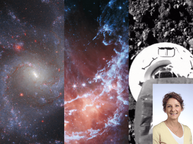 Composite image of a galaxy, nebula and Osiris-REx with a photo of Dr. Nicolle Zellner wearing a yellow and white shirt, smiling at camera in corner