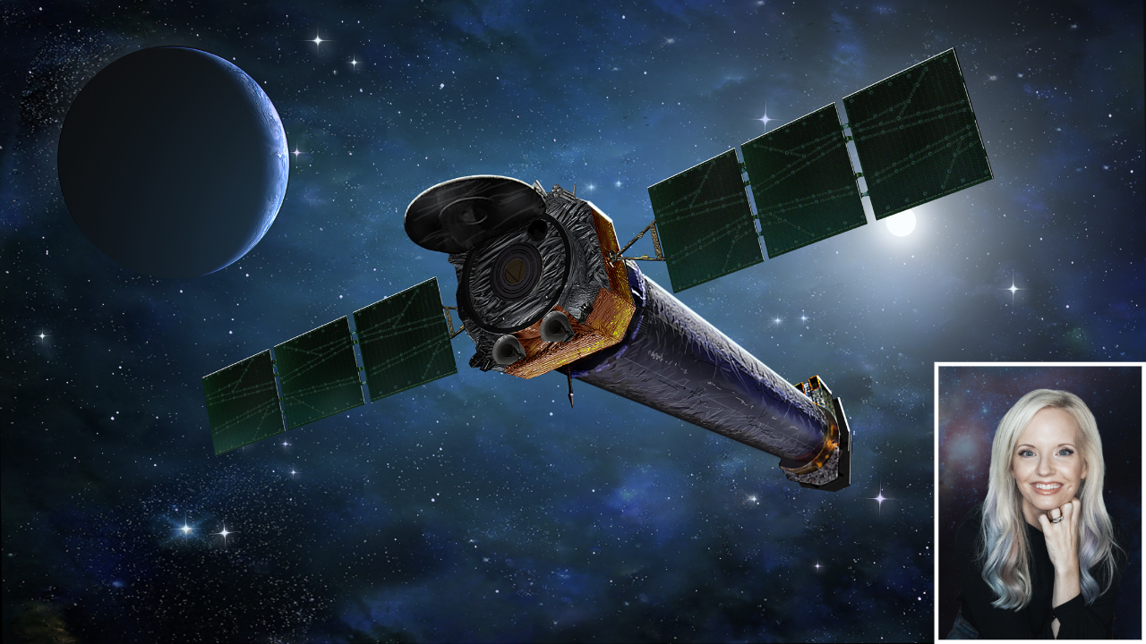 Artist rendition of the Chandra X-ray Observatory in space and a photo of Dr. Arcand in the bottom right corner.