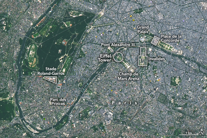 Satellite image of Paris highlighting both significant landmarks as well as Olympics facilities