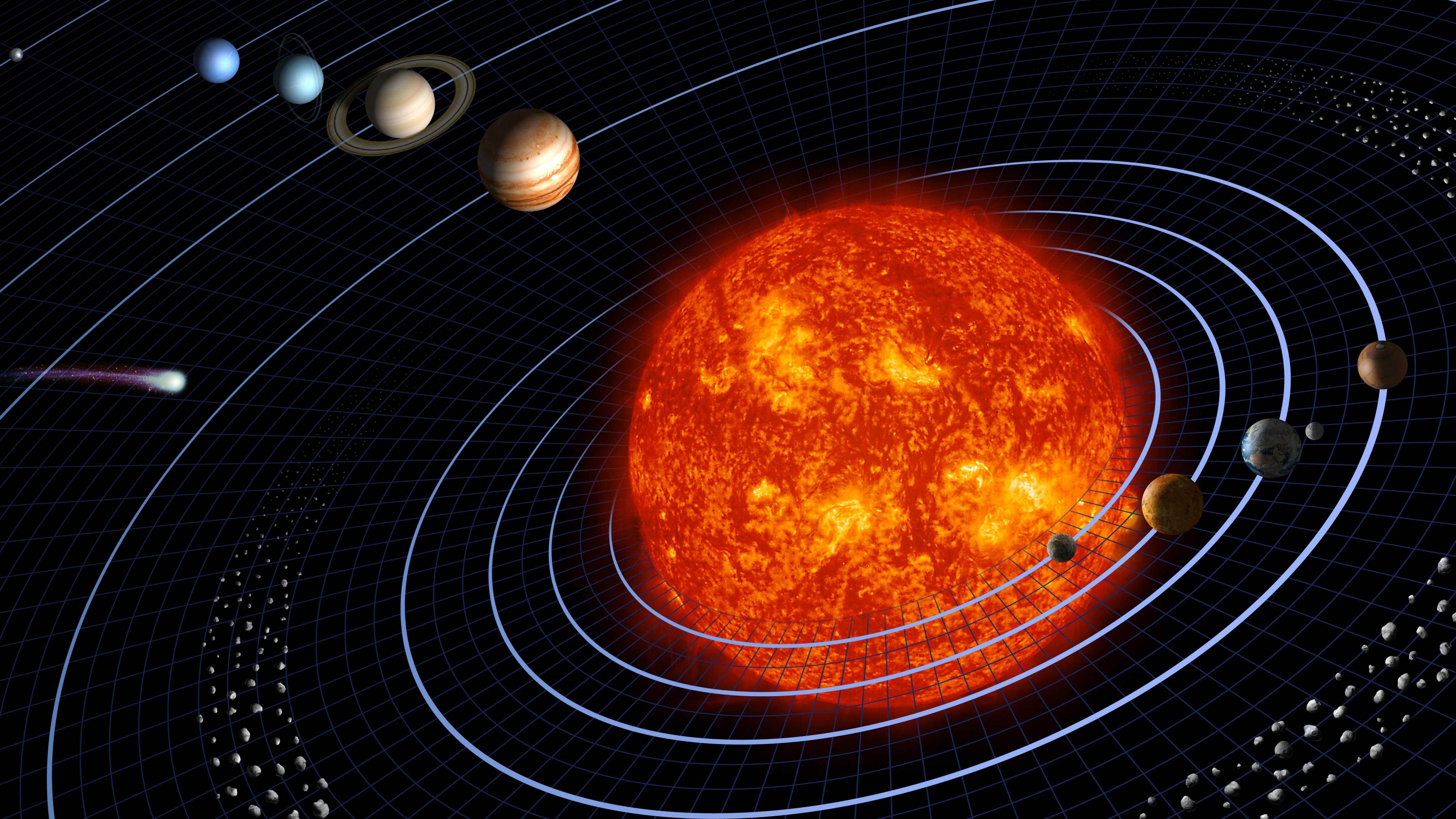 A bright orange sun surrounded by planets of various sizes and colors and circles showing the orbits.