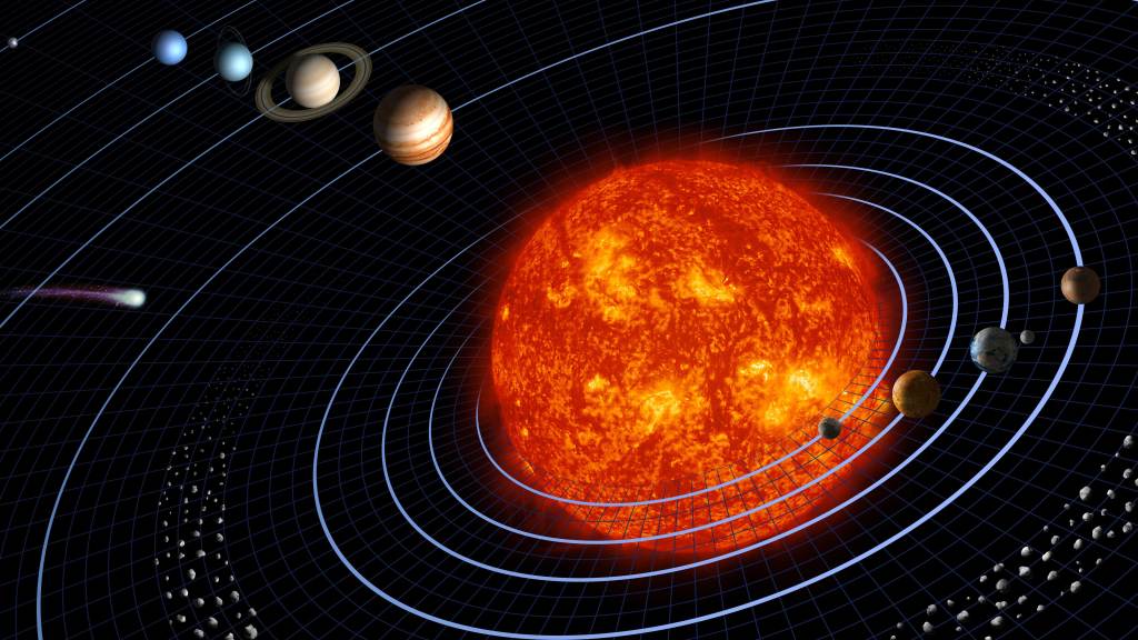 At the center of the solar system, the Sun’s gravity influences the orbits of planets, comets, asteroids, and moons.