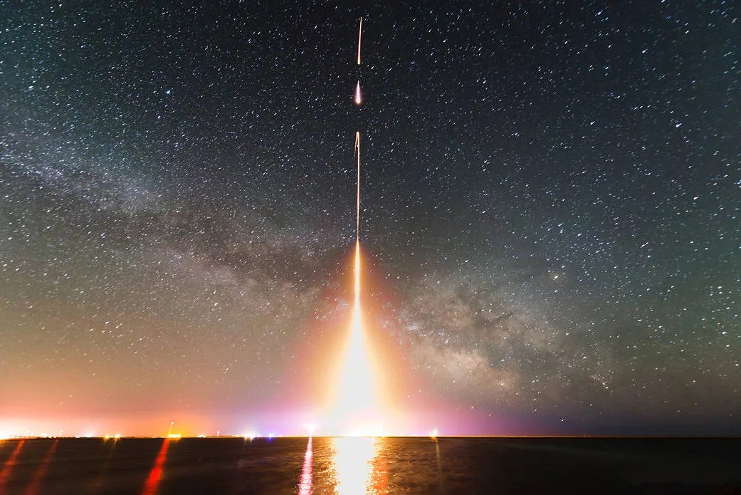 Photo is a time-lapse of the Cosmic Infrared Background Experiment (CIBER) rocket launch, taken from NASA's Wallops Flight Facility in Virginia in 2013