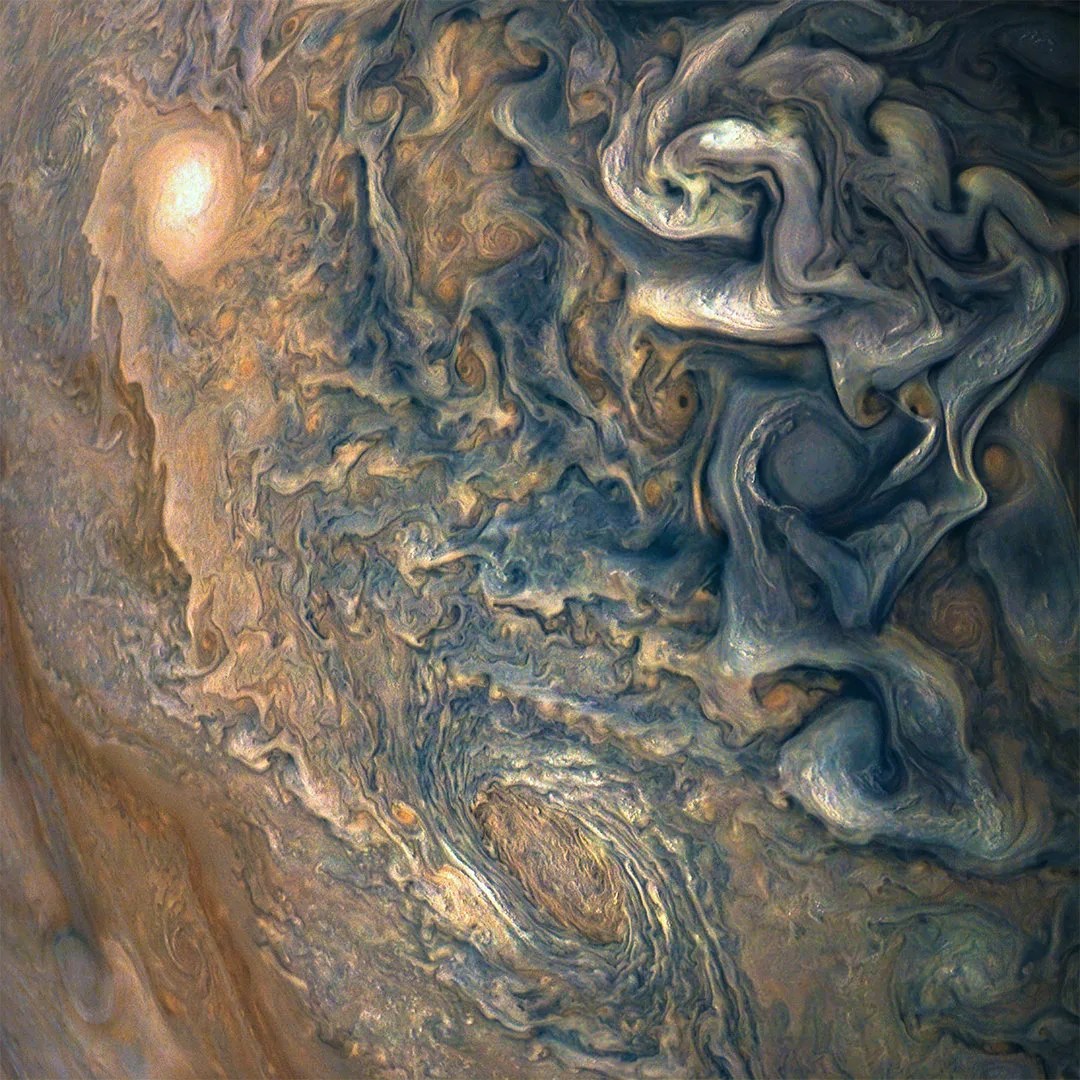 Close up of Jupiter's swirling clouds.