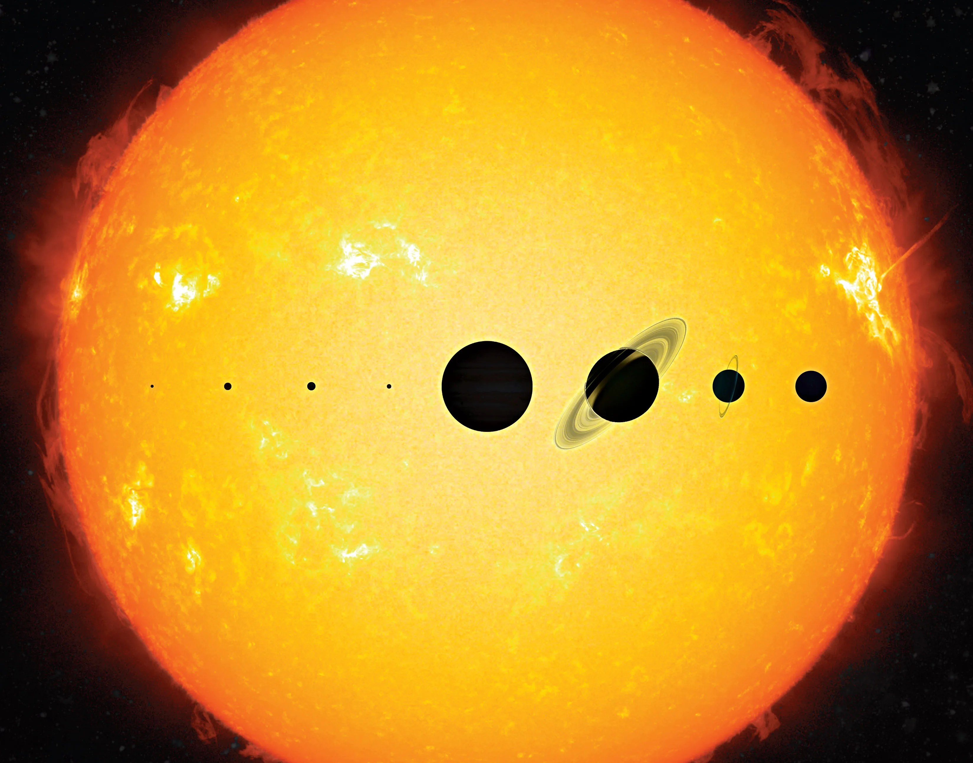 An artist's concept of the eight planets compared in size the Sun. All the planets together cover only a small fraction of the Sun.
