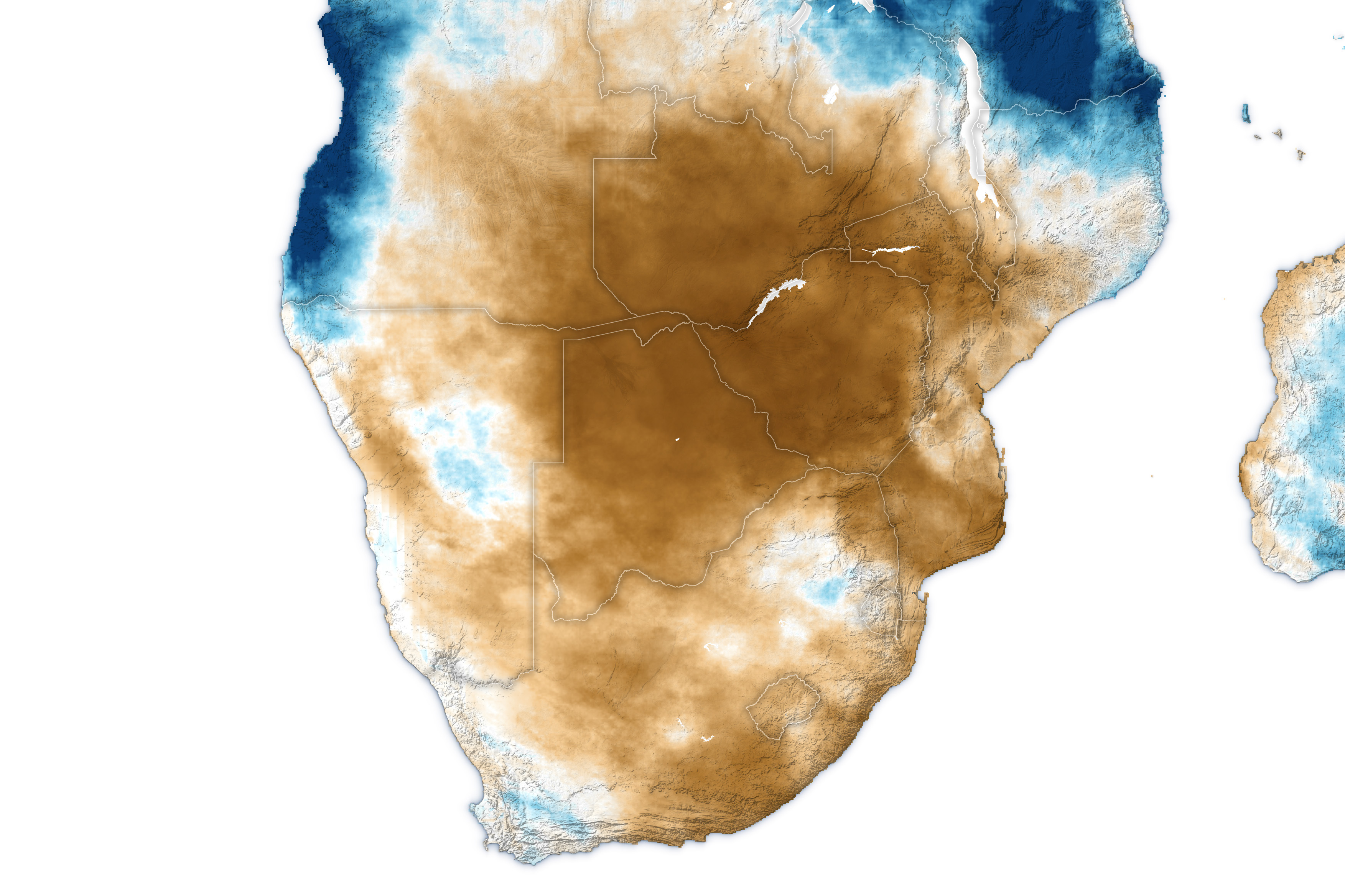 Map of Southern Africa with a blue to brown gradient overlay brown indicating below average rainfall and blue above. From the latitude of Zambia's Northern border South the trend is showing significant brown coloration, some quite dark, especially in the inland and more Eastern part of the continent.