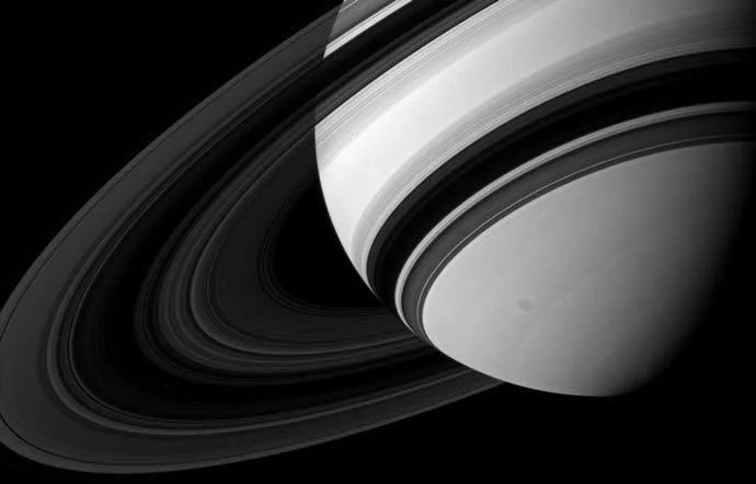 Saturn's B ring is the most opaque of the main rings, appearing almost black in this Cassini image taken from the unlit side of the ring plane.
