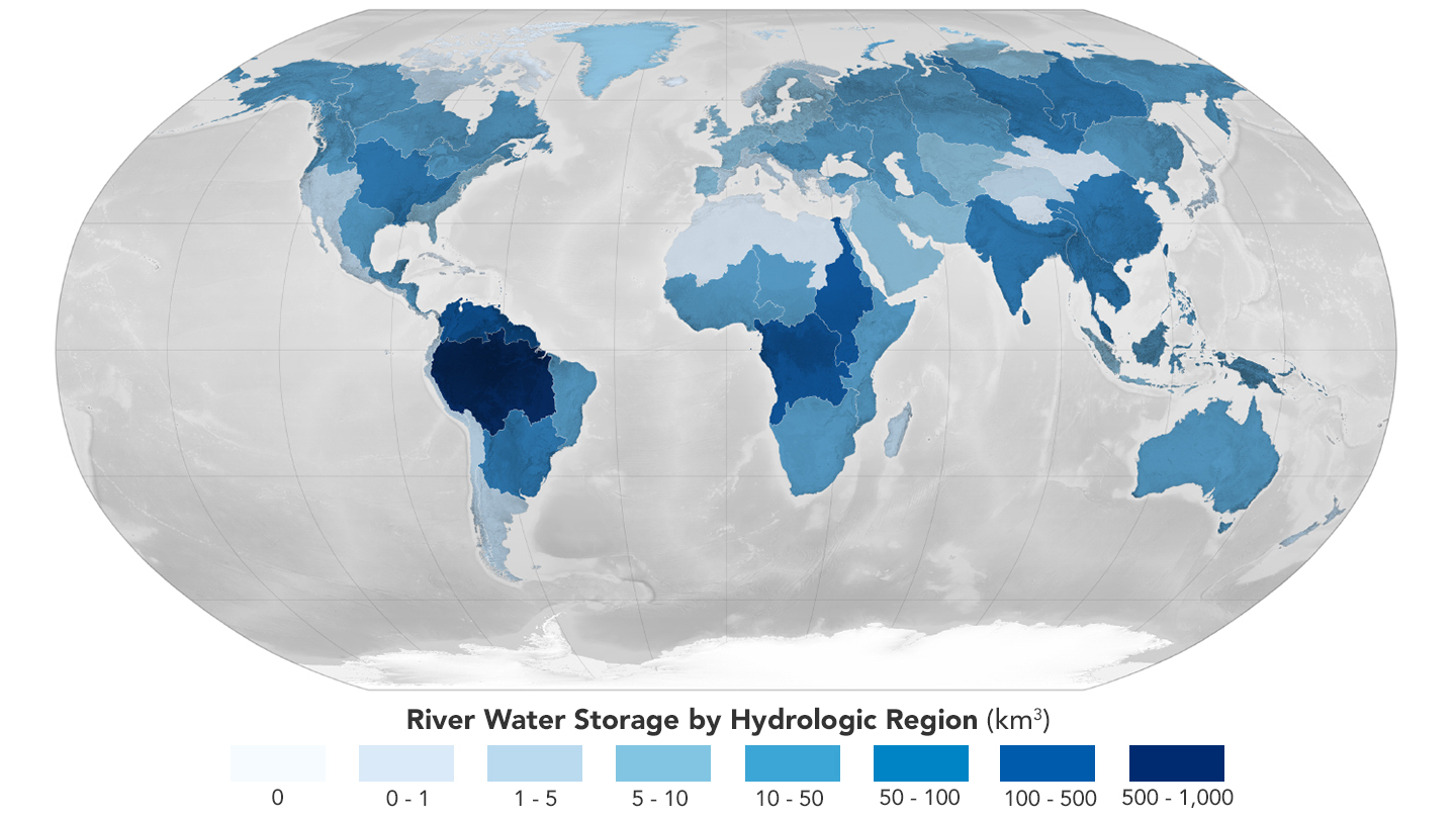 global map divided by river basins in shades of blue, where darker shades indicate higher total water volume