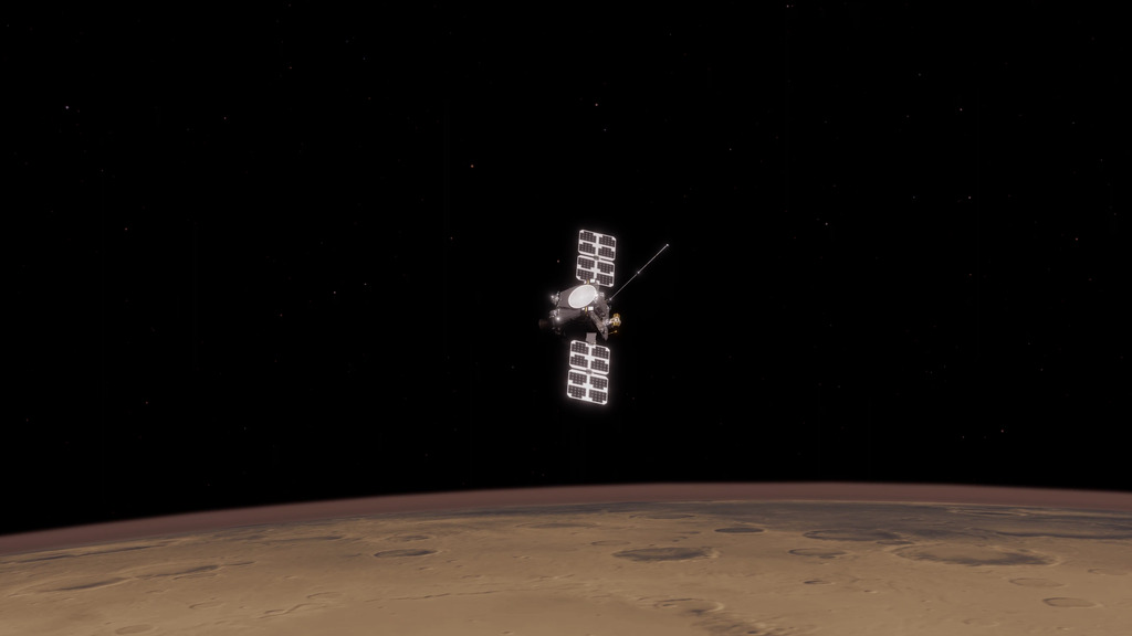 Most of the image is the black expanse of space. Mars, shown in tan, fills the bottom third of the image. Above it, the ESCAPADE spacecraft, primarily two large panels, orbits above the planet.