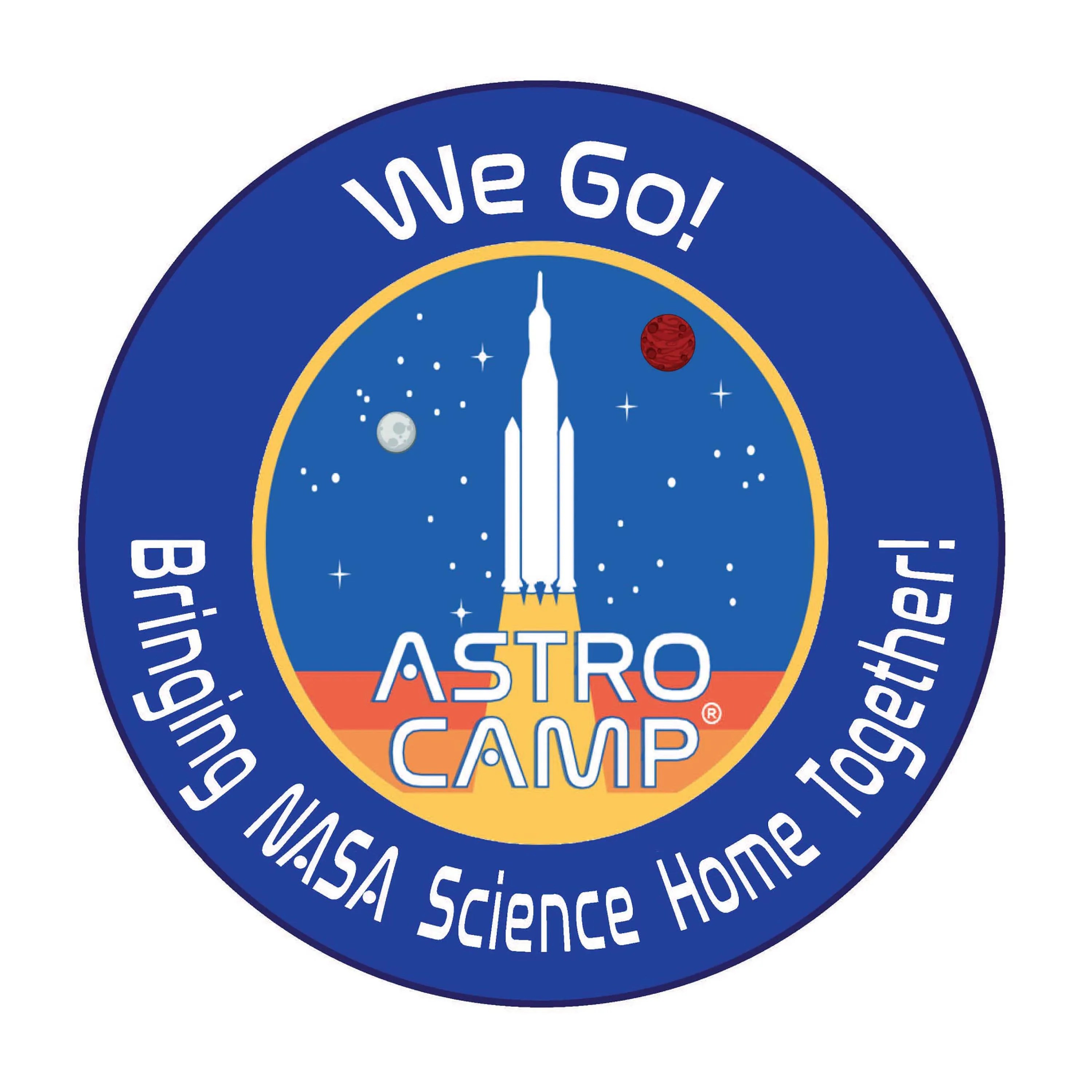 Circular Astro Camp Community Partners logo showing a rocket launching into space, superimposed with the words,