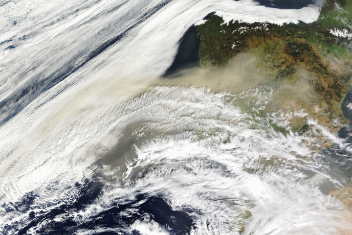 The MODIS (Moderate Resolution Imaging Spectroradiometer) on NASA’s Terra satellite captured this image of dust enveloping the Iberian Peninsula on March 22. On that day, snowy slopes at a ski resort near Granada were tinged with brown from dust deposition and other areas saw “muddy” rain, according to news reports.