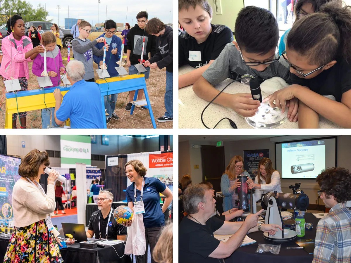 Collage of four photos. The top left is of students preparing miniature rockets outside. The top right is of students shining a light on a circular piece of glass. The bottom left is of a woman looking through a tube at an exhibition booth. The bottom right is of adults examining reflector telescopes.