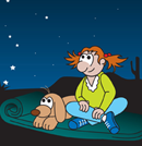 Whimsical cartoon of girl and her dog watching a meteor shower.