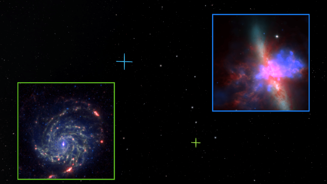Two squares showing astronomical images are superimposed in space with two crosshairs.