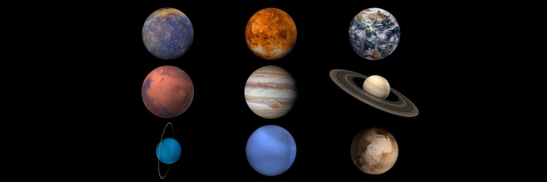 Illustration of eight planets and one dwarf planet displayed three across and three down.