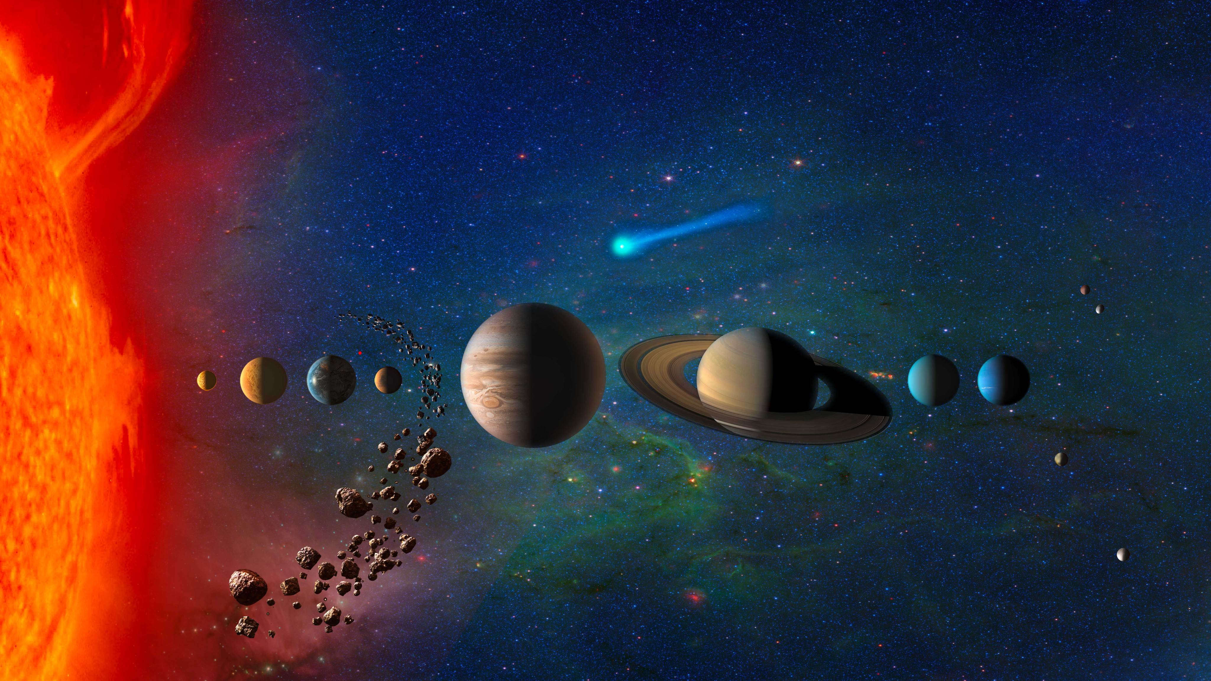 An illustration of a slice of a bright orange sun, with planets, a comet and asteroids against a blue-black backround.