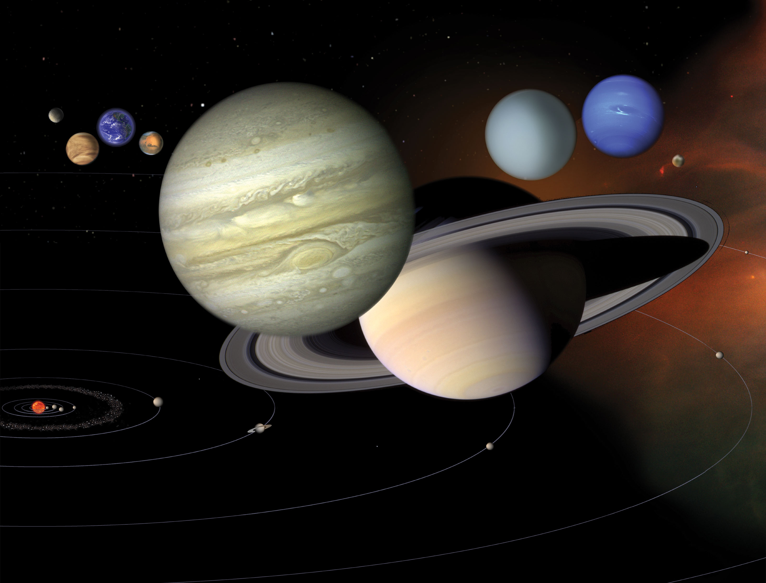 An illustration of orange and blue planets and other objects in our solar system shown not to scale, but to illustrate some of the details of each world.