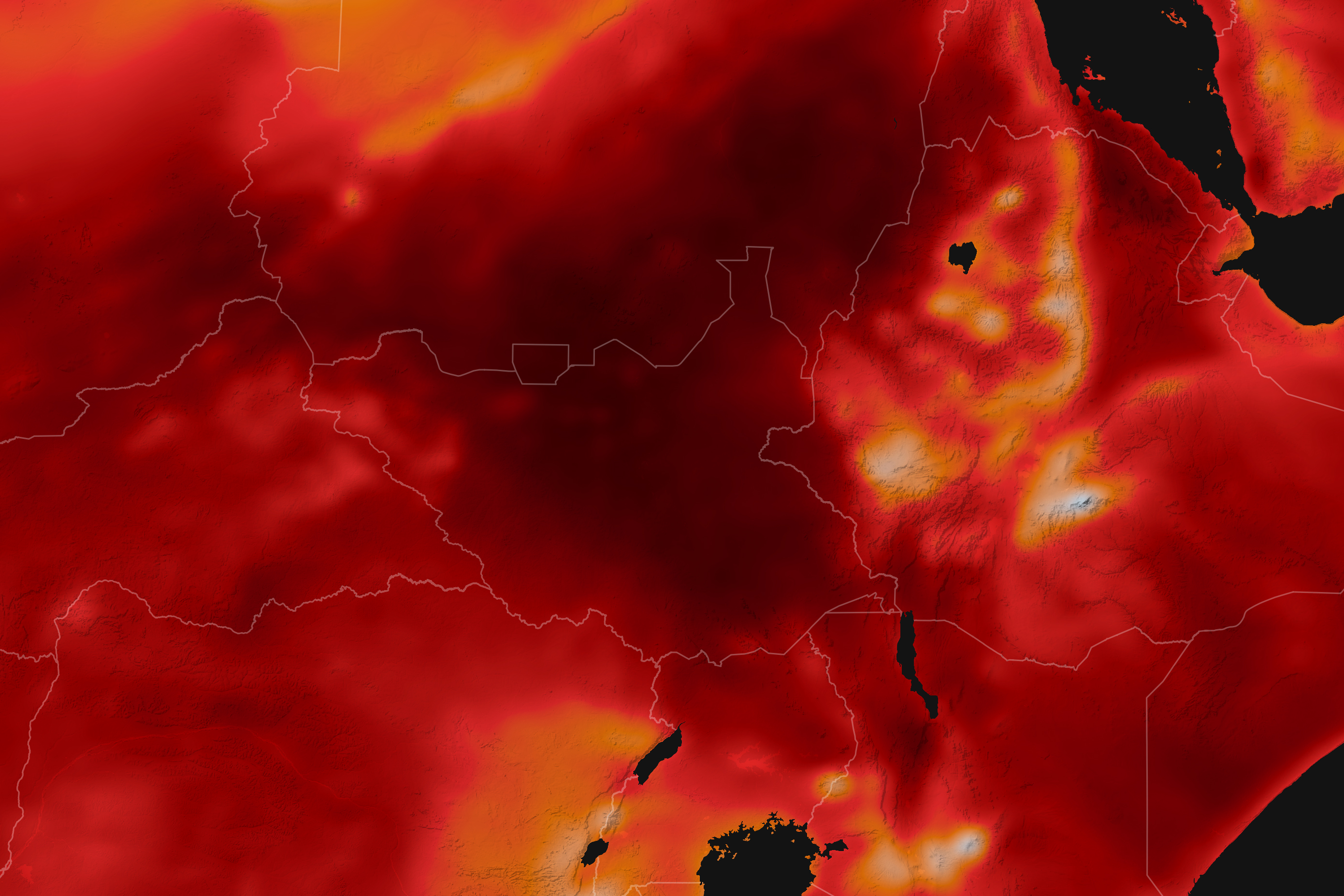 The map above shows air temperatures across East Africa on March 18, 2024. The map was produced by combining satellite observations with temperatures predicted by a version of the Goddard Earth Observing System (GEOS) model, which uses meteorological observations and mathematical equations to represent physical processes in the atmosphere. Colors from white to red represent temperatures at about 2 meters (6.5 feet) above the ground at about 12:00 Universal Time. The darkest reds indicate temperatures of 45°C (113°F). Output from the GEOS model indicates that the highest temperature recorded in the region on March 18 was 45°C near the border of Sudan and South Sudan.