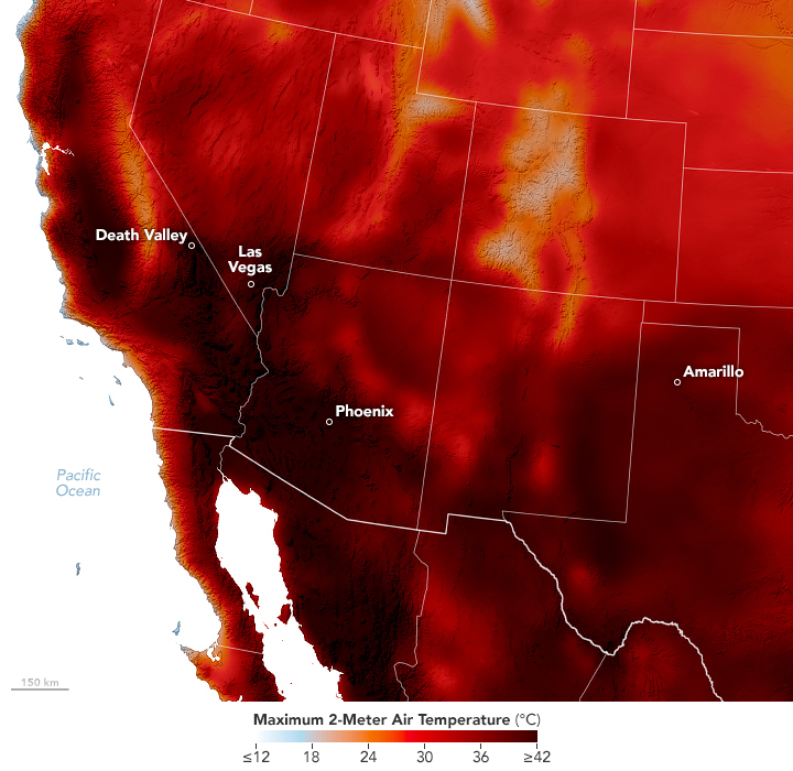 Satellite image cutout of the Southwest United States and Northwest Mexico with state borders superimposed in white. The image is color coded from a pale blue to deep, near-black shade of red. The entire map appears to be on the red shade of the spectrum, with the lightest showing light yellow at the peak of the Rocky Mountains in Colorado. The deepest reds run through the California Valley and expand further inland as the valley gives way to mountains at the south. Deep blackish reds blanket phoenix and Las Vegas, with New Mexico and Texas appearing primarily in dark shades as well.