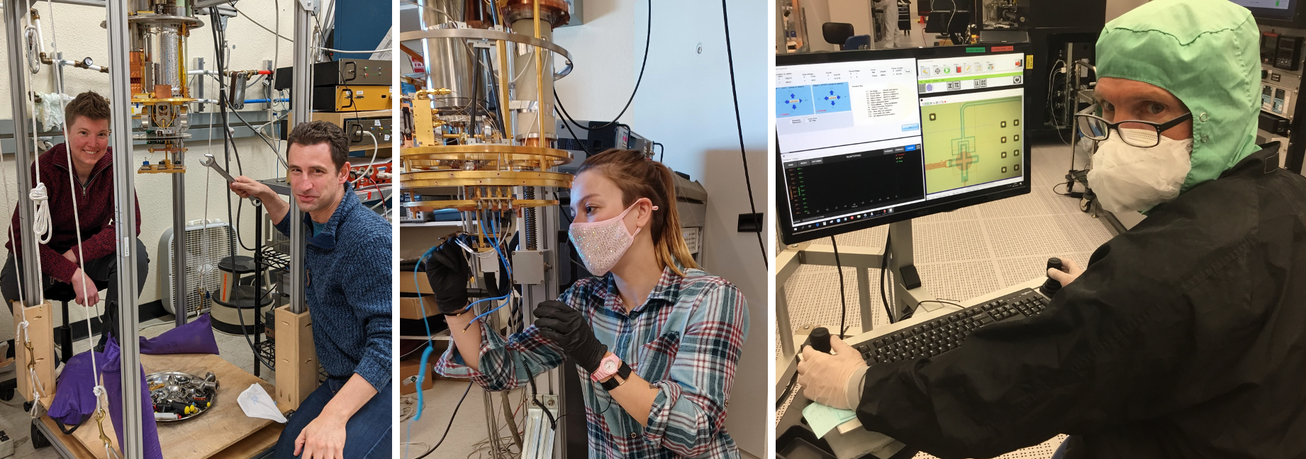 Collage of 3 photos: left - a man and a woman working on a large metal device, middle - a masked and gloved woman working on a metal device, right - a man in a lab coat, mask and hat working at a computer terminal