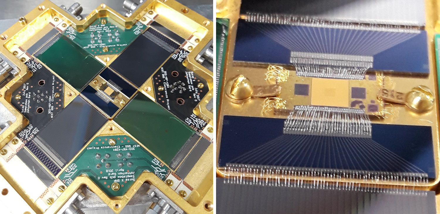 Two photographs: left - a close up photo of a computer chip and right - a close up photo of a sensor array