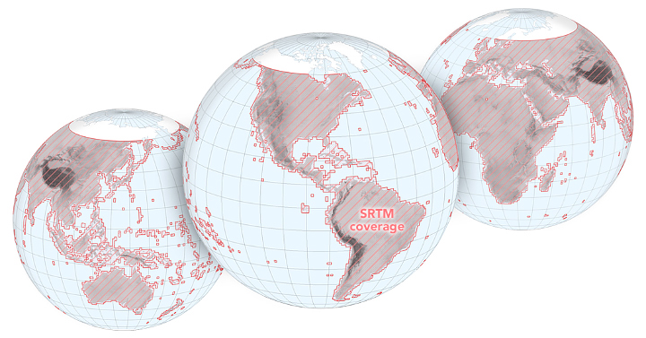 Three images of various angles of the globe, one centered on East Asia and Oceania, the center on the Americas, the right on Europe, Africa, and the Middle East. All images are showing the globe from a northern hemisphere tilt. The land masses are all depicted in gray with a red gridded overlay.