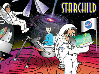 Cartoon illustrated image. The StarChild logo is in the top right. Three astronauts are also seen on the surface of another planet.