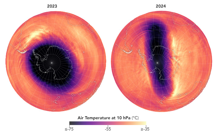 Two views looking at the south pole with a temperature color gradient overlay. The temperatures start at -75 and increase to equal or more than -35 Celsius ranging from a deep purple to a bright orange white color. The left image shows the temperature gradient evenly shifting warmer as you move away from the pole. On the right the cold temperatures are a elongated significantly toward the top and bottom of the image, but is very narrow, with warmer temperatures closer to the pole than on the left.