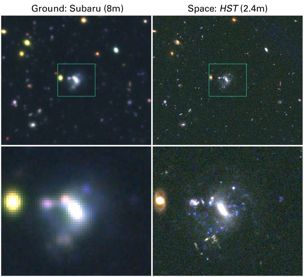 This picture shows a comparison of images of the same region of the sky obtained with the Hubble Space Telescope Advanced Camera for Surveys (right) and the Subaru 8 meter telescope's Supreme camera. The region is an area from the GOODS North field. Both images are color composites obtained by combining three monochromatic images taken through blue, visible and infrared filters.