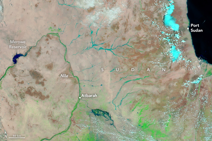 The light brown colored land shows the Nile River, left, with the city of Atbarah at the intersection with another river, center left. The Merowe Reservoir is a dark blue body of water on the Nile on the far of the image. The border of the river appear green, feeder valleys from further right in the image all appear bright blue and channel toward the Nile. In the upper right are the dark open waters of the Red Sea with Port Sudan on the coast and some vivid bright blue cloud slightly further inland.