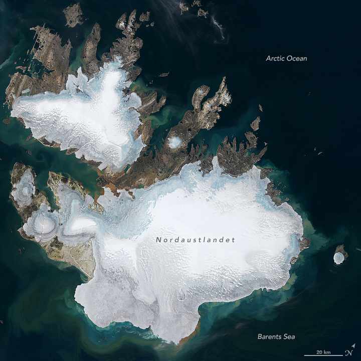 Satellite image of an island that is nearly covered in white and gray snow and ice. The exposed land of the island is mostly jagged uneven shorelines and the land a mix of gray and brown. The ice is reflective, a brighter white, towards the centers of the ice packs, and gradually gray toward the coast.