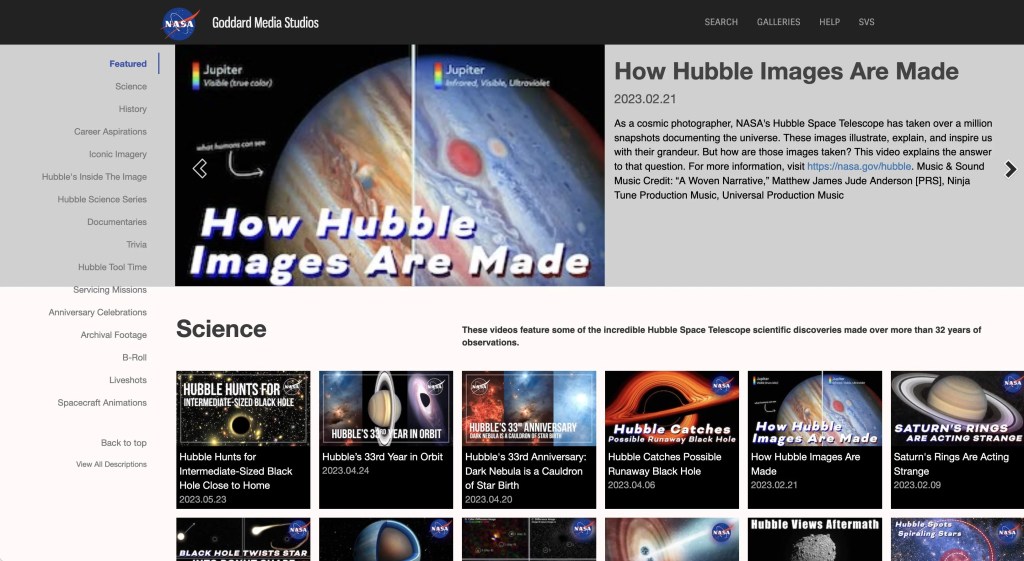 A screen shot of a page of videos from the scientific visualization studio