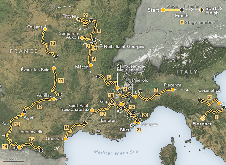 A map view of Southern Europe focused on the regions of North Italy and France include an overlay of the various stretches of the Tour de France.