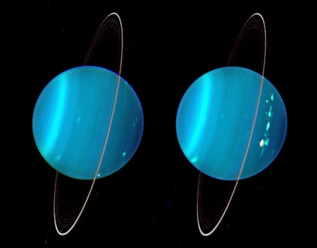 two telescopic images of uranus showing rings and bright storm spots