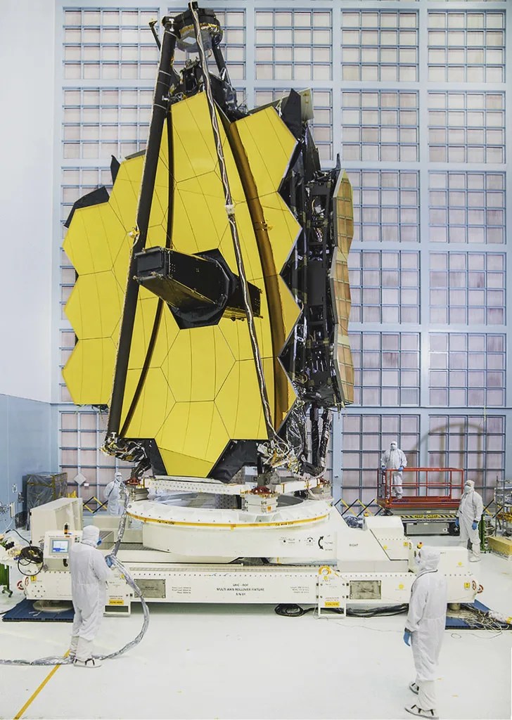 The James Webb Space Telescope is shown with one of its two “wings" folded.