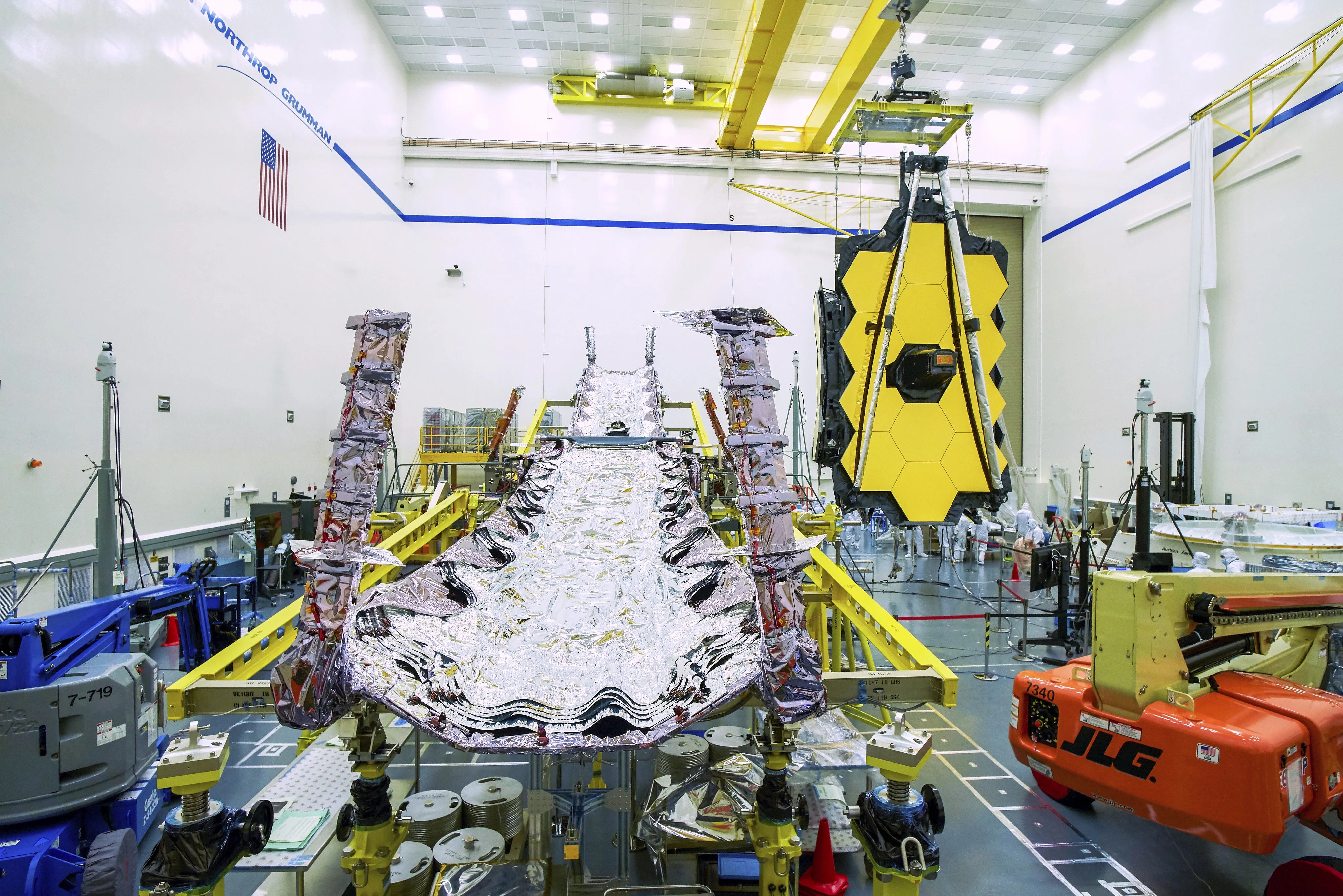 This photo from Northrop Grumman's clean room in Redondo Beach, California shows the start of the integration process of the James Webb Space Telescope.