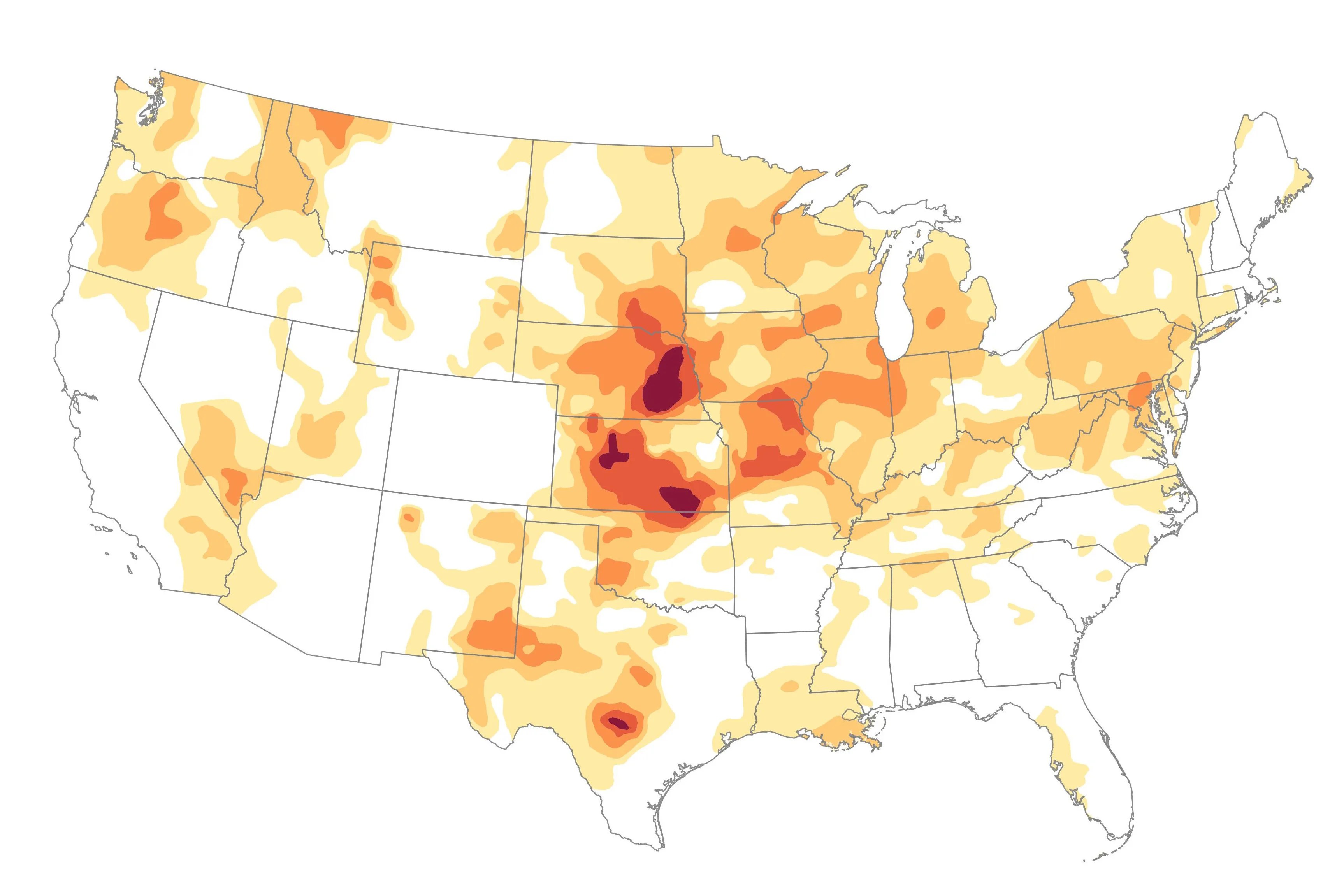A map of drought across the continental United States.