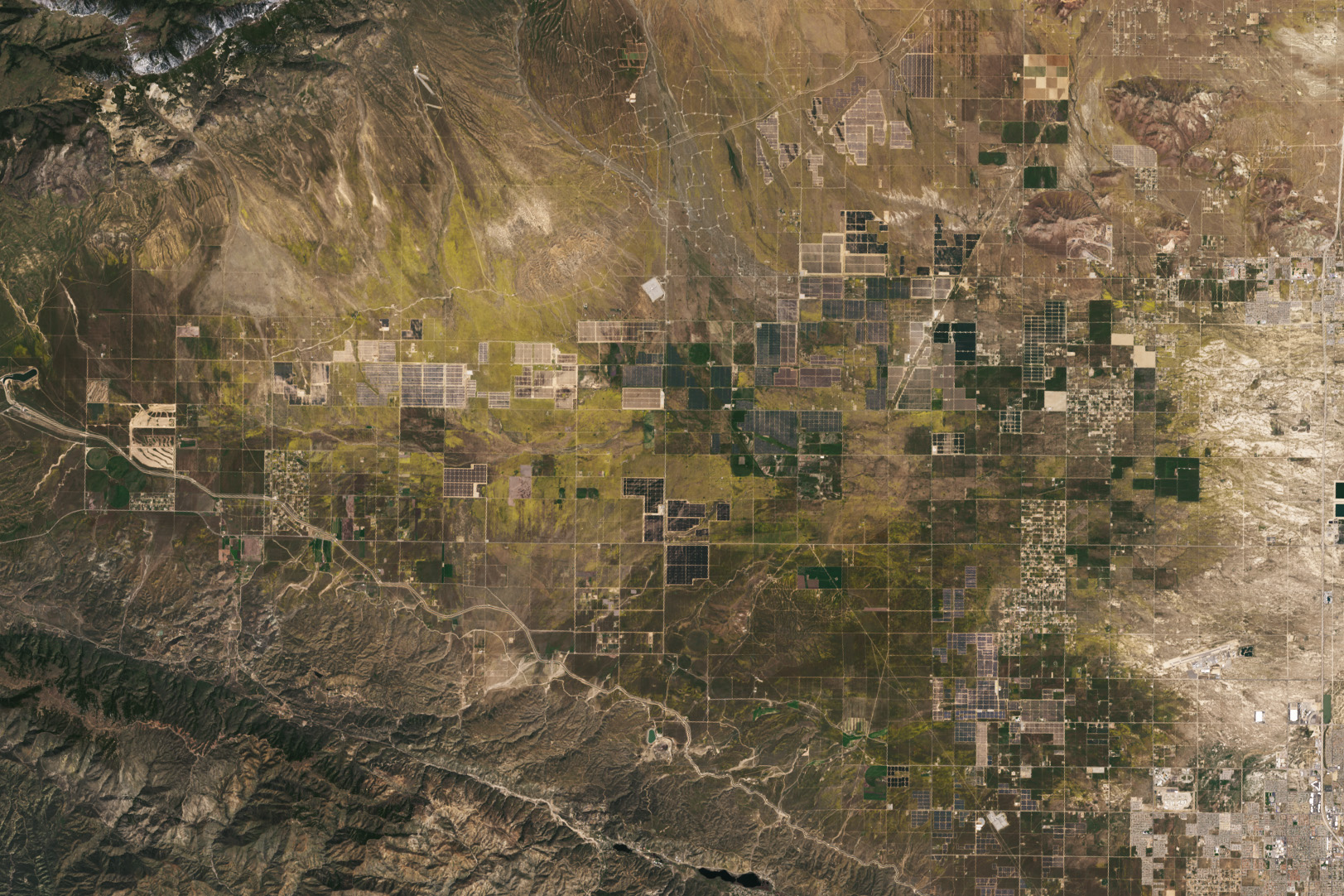 Satellite image of fields of yellow wildflowers blanketing Antelope Valley amid solar and wind farms.