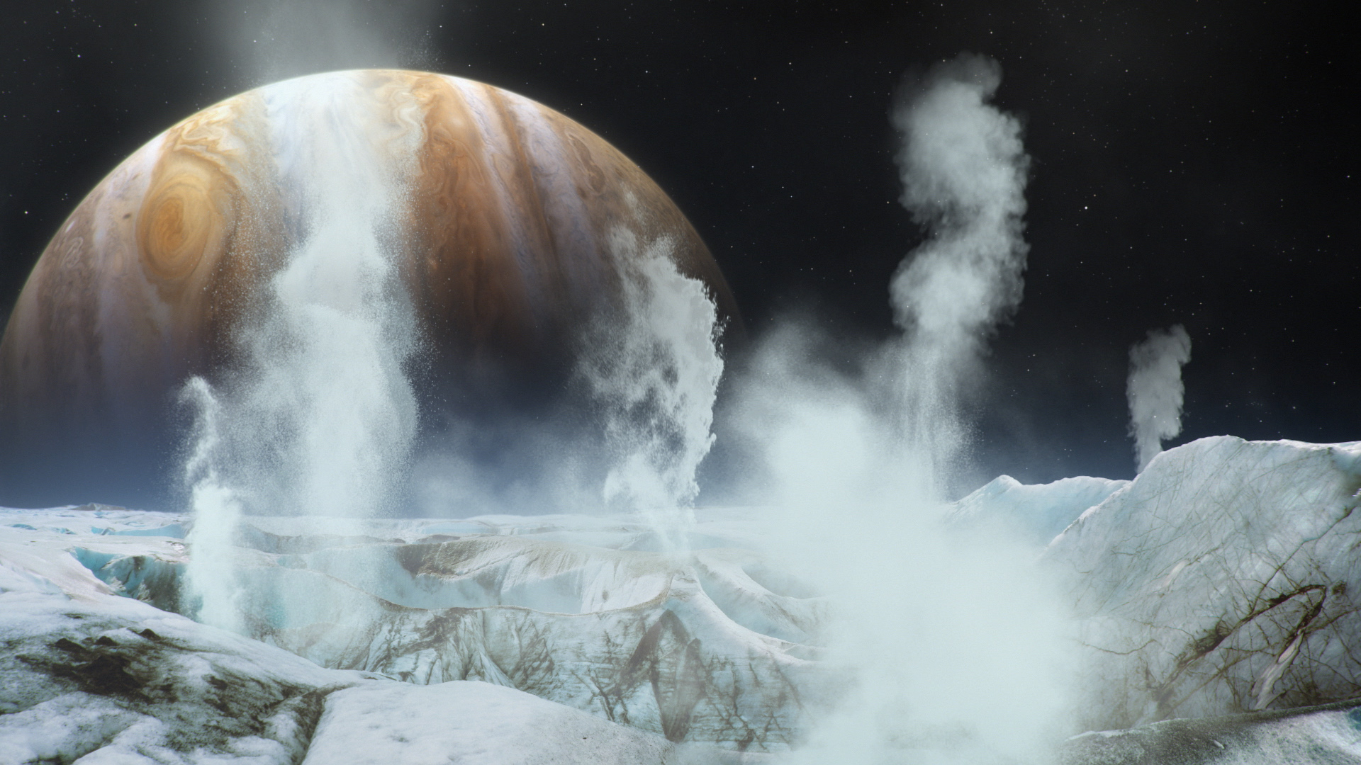 Artistic rendering of an icy moon's surface with sprays of water and jets of vapor rising into the sky. Planet Jupiter hangs in the background.