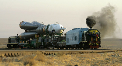 the Soyuz space ship is transported to the launch pad