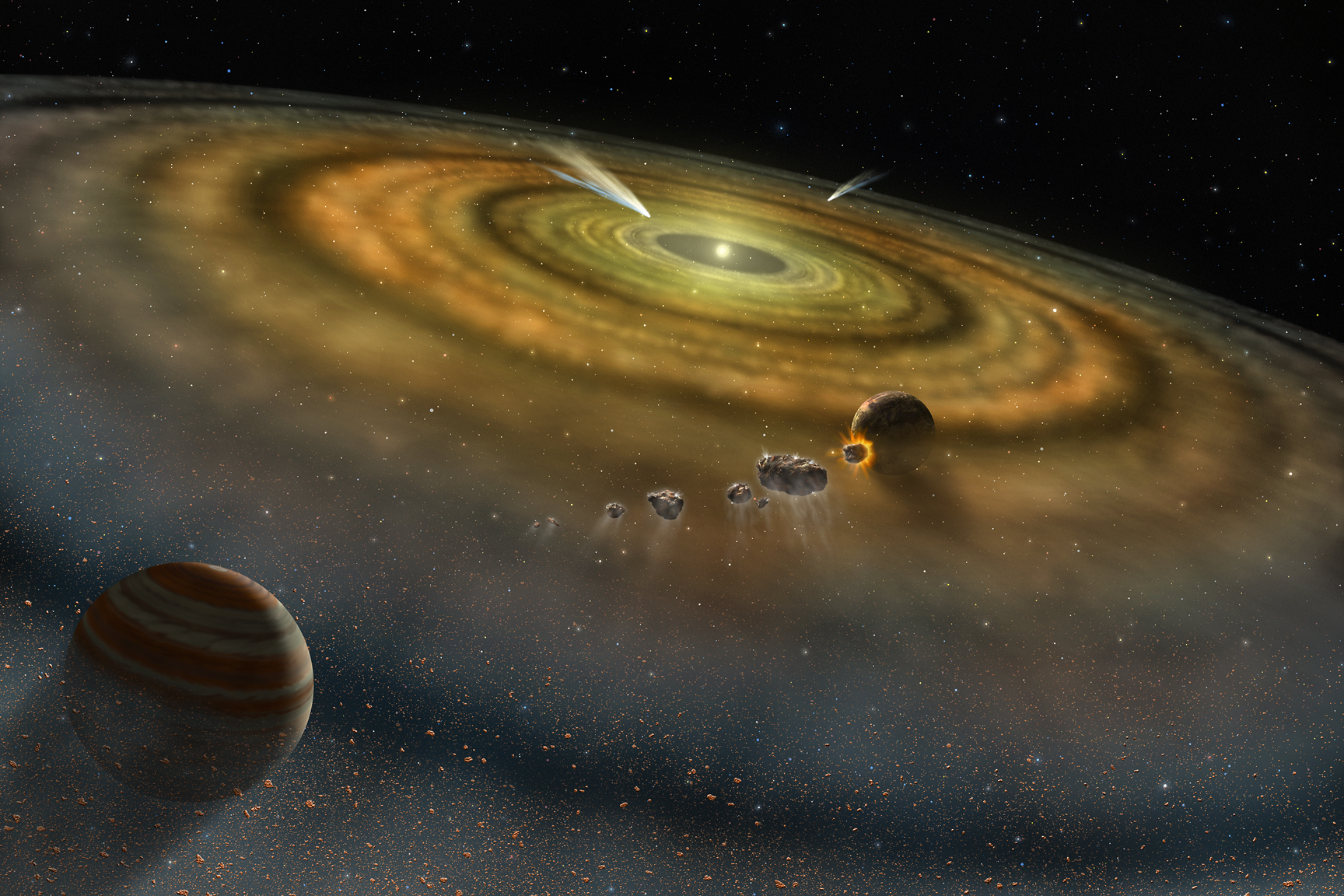 An illustration of a swirling disk of gas and dust in space, with a couple of planets forming, plus a couple of comets in the distance. Several comet-like fragments are seen crashing or about to crash into one of the planets.