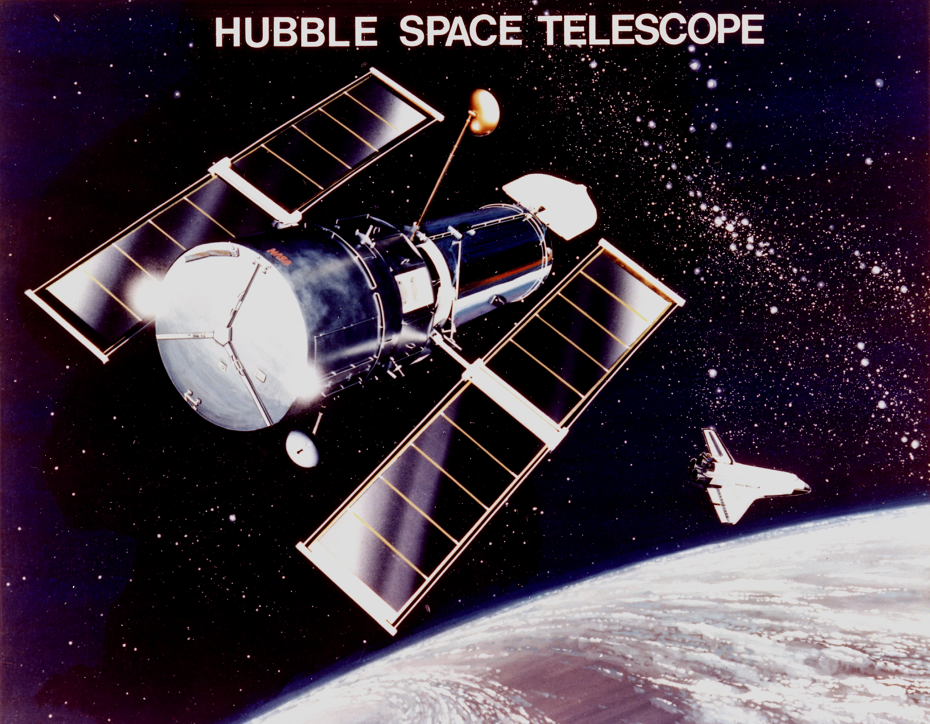 Drawing of the Hubble Space Telescope flying over the earth with the space shuttle in the background.