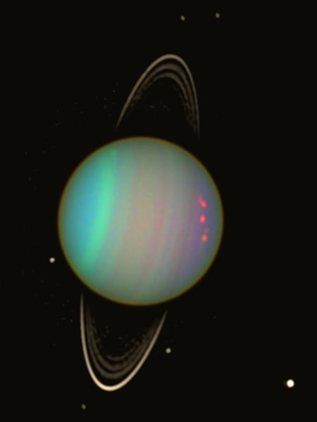 Image of blue Uranus, with three purple marks in it. Surrounding Uranus is a ring.