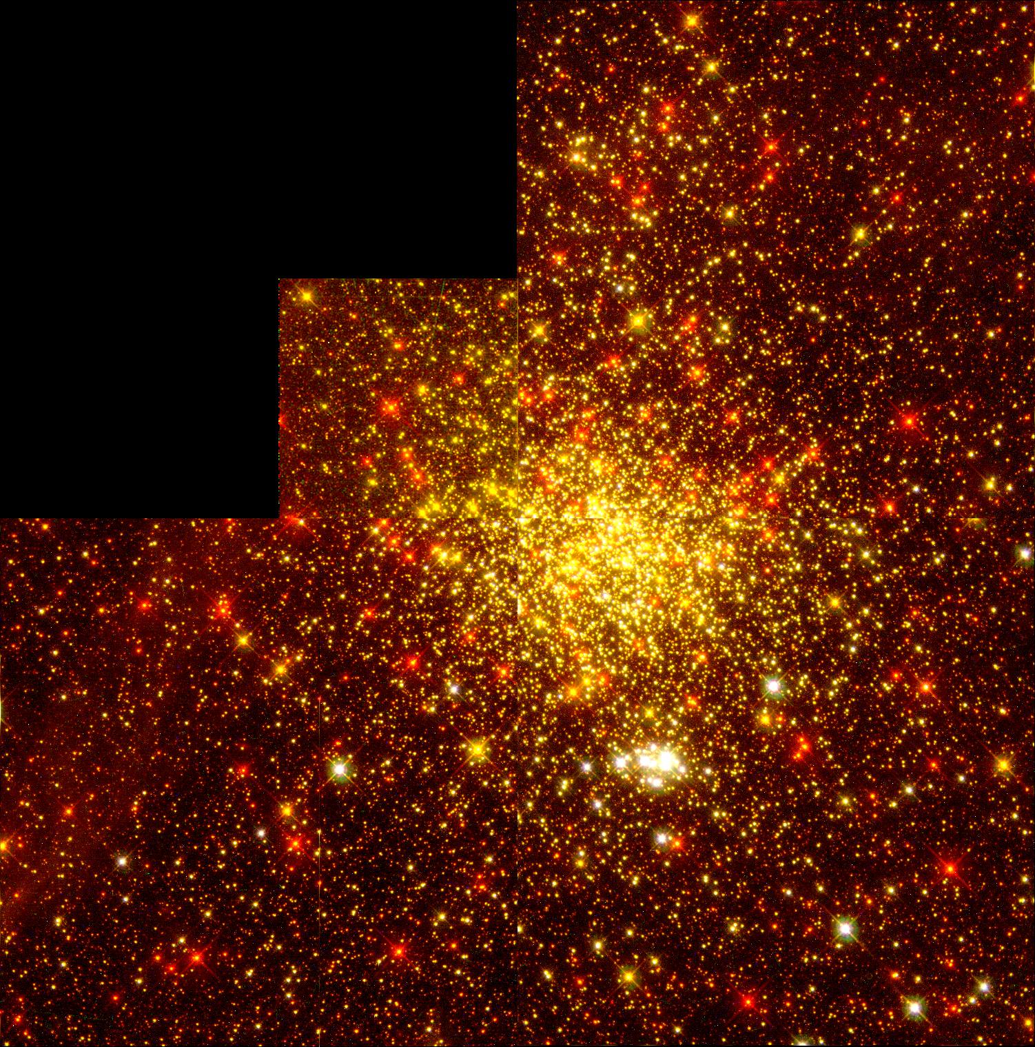 Large cluster of stars globbing together. The image itself has an orange hue to the point that every star is either orange, white orange, or deep red. Brighter in the center of the image.