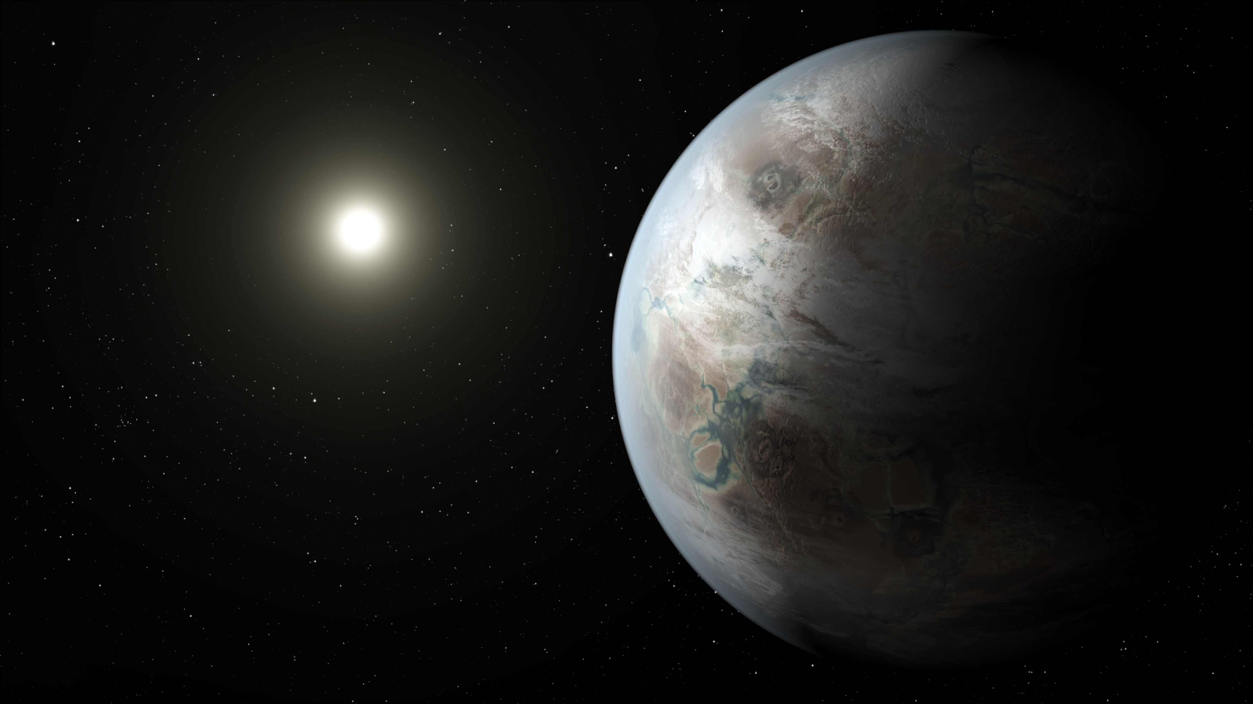 An exoplanet in space is shown, with its host star in the distance. The planet displays a rocky surface, with ice, clouds, water, and an atmosphere.