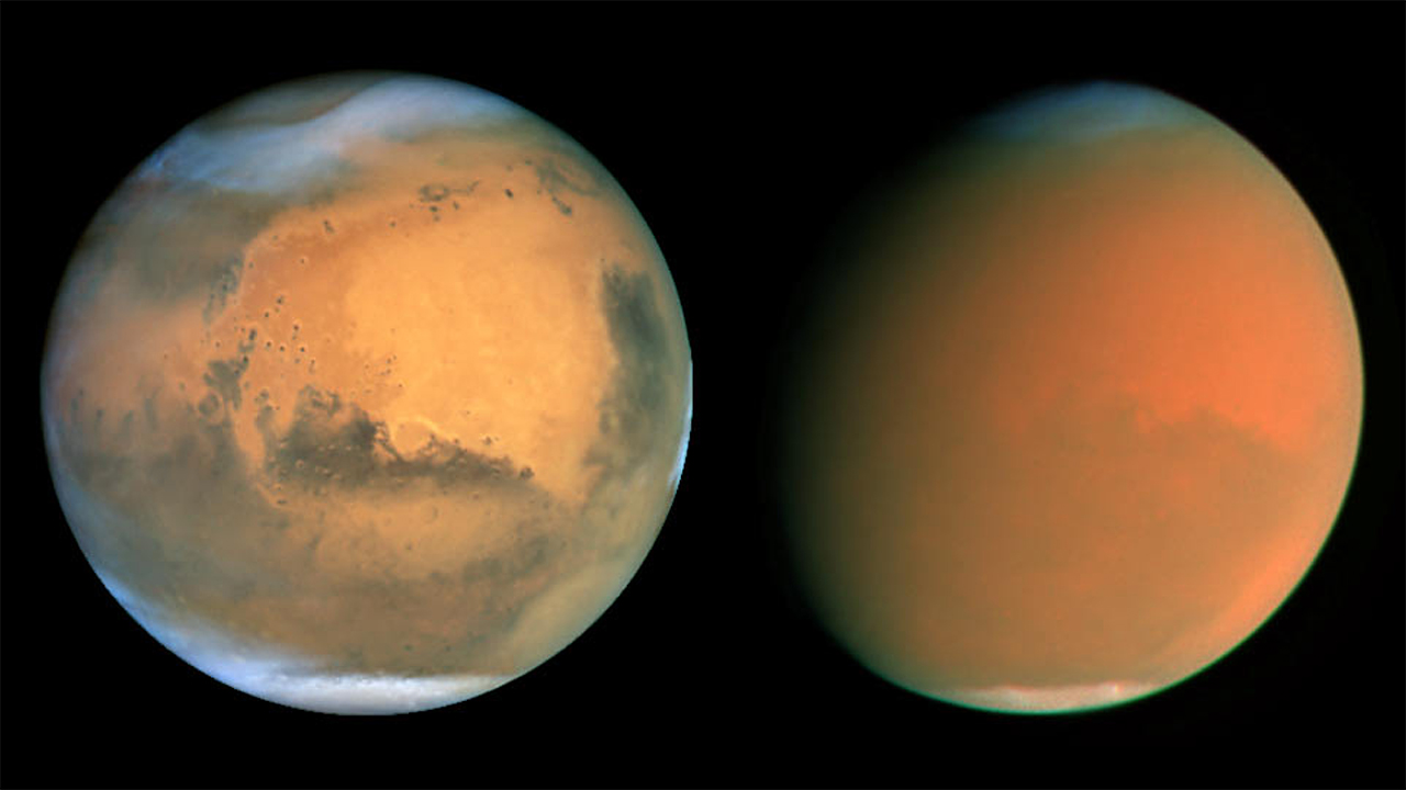 Two different shots of rusty Mars next to each other. On the left you can see Mars and lots of defining surface features. Dark mountains, large blank plains, white caps on the North and South poles. On the right image, Mars is totally covered in dust and you can barely make out any of those features.