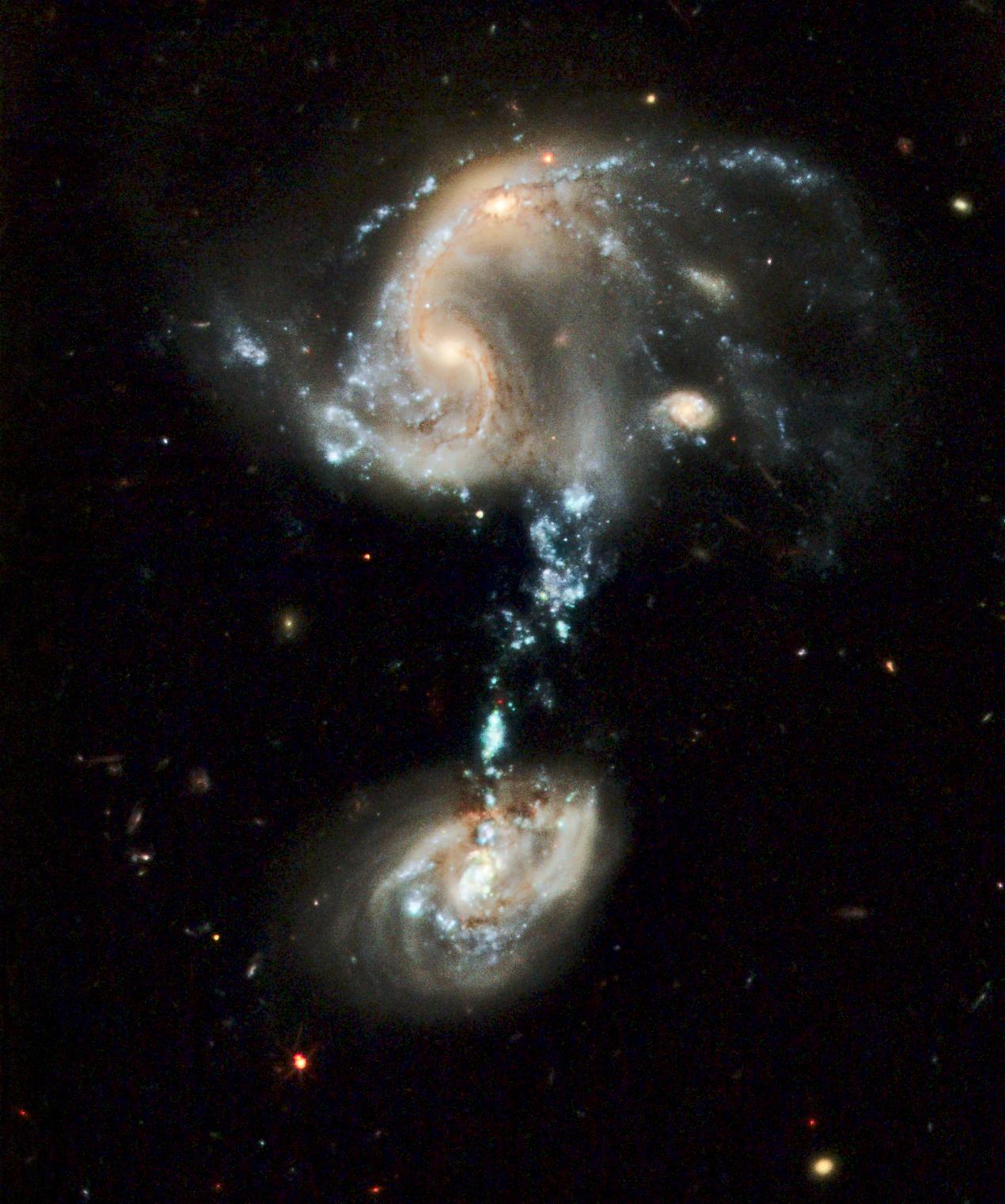 Large galaxy at the top of the image, spiraling in, at the bottom a smaller galaxy is there, the two galaxies are almost linked by a bright blue line of stars and gas.