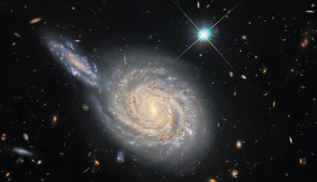 This image from the NASA/ESA Hubble Space Telescope captures the spiral galaxy NGC 105, which lies roughly 215 million light-years away in the constellation Pisces. While it looks like NGC 105 is plunging edge-on into a collision with a neighbouring galaxy, this is just the result of the chance alignment of the two objects in the night sky. NGC 105’s elongated neighbour is actually far more distant and remains relatively unknown to astronomers. These misleading conjunctions occur frequently in astronomy — for example, the stars in constellations are at vastly different distances from Earth, and only appear to form patterns thanks to the chance alignment of their component stars. The Wide Field Camera 3 observations in this image are from a vast collection of Hubble measurements examining nearby galaxies which contain two fascinating astronomical phenomena — Cepheid variables and cataclysmic supernova explosions. Whilst these two phenomena may appear to be unrelated — one is a peculiar class of pulsating stars and the other is the explosion caused by the catastrophic final throes of a massive star’s life — they are both used by astronomers for a very particular purpose: measuring the vast distances to astronomical objects. Both Cepheids and supernovae have very predictable luminosities, meaning that astronomers can tell precisely how bright they are. By measuring how bright they appear when observed from Earth, these “standard candles” can provide reliable distance measurements. NGC 105 contains both supernovae and Cepheid variables, giving astronomers a valuable opportunity to calibrate the two distance measurement techniques against one another. Astronomers recently carefully analysed the distances to a sample of galaxies including NGC 105 to measure how fast the Universe is expanding — a value known as the Hubble constant. Their results don’t agree with the predictions of the most widely-accepted cosmological model, and their analysis shows that there is only a 1-in-a-million chance that this discrepancy was caused by measurement errors. This discrepancy between galaxy measurements and cosmological predictions has been a long-standing source of consternation for astronomers, and these recent findings provide persuasive new evidence that something is either wrong or lacking in our standard model of cosmology.