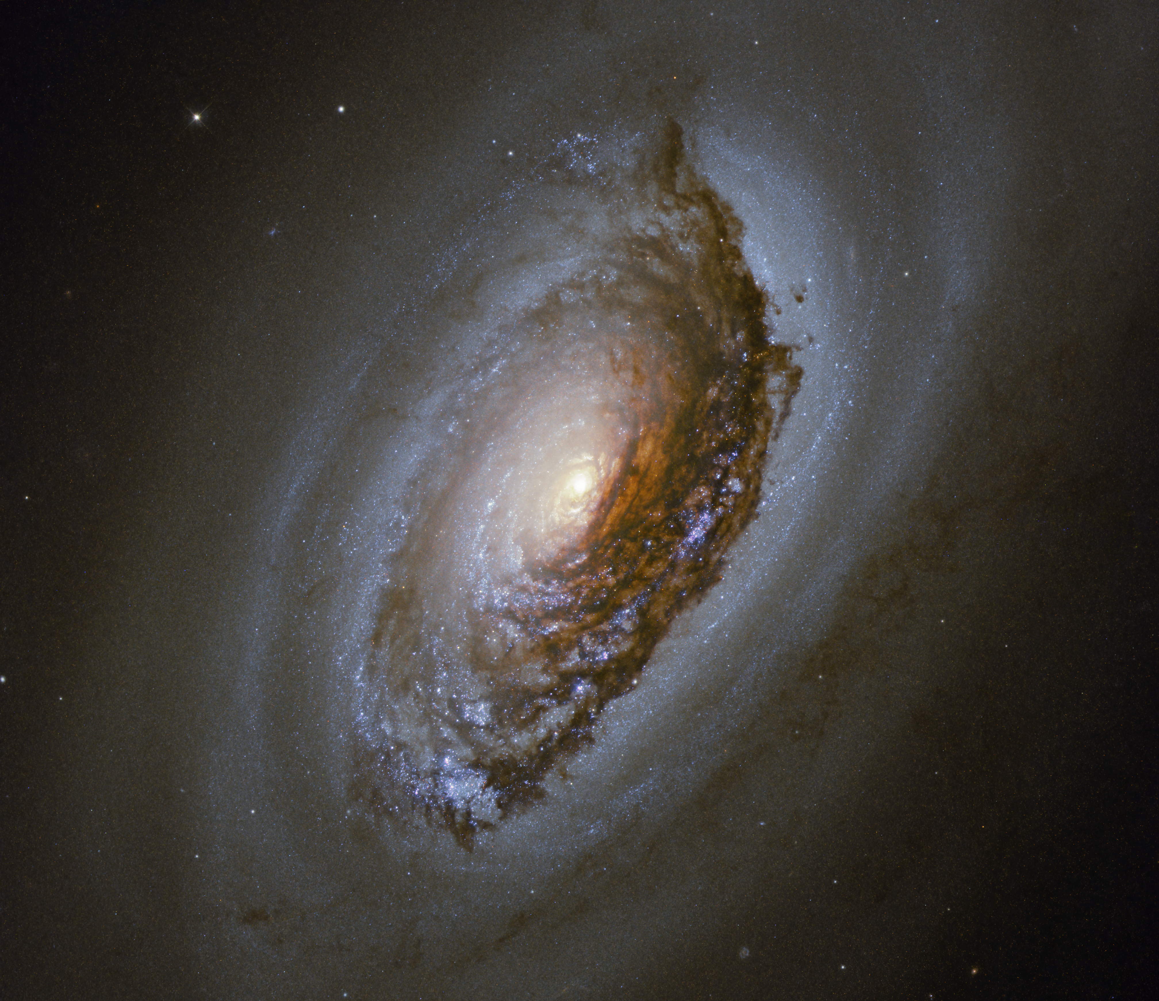 A swirling dense galaxy with thick dust clouds surrounds a central region of older yellow stars whose front half appears darker, resembling a black eye.